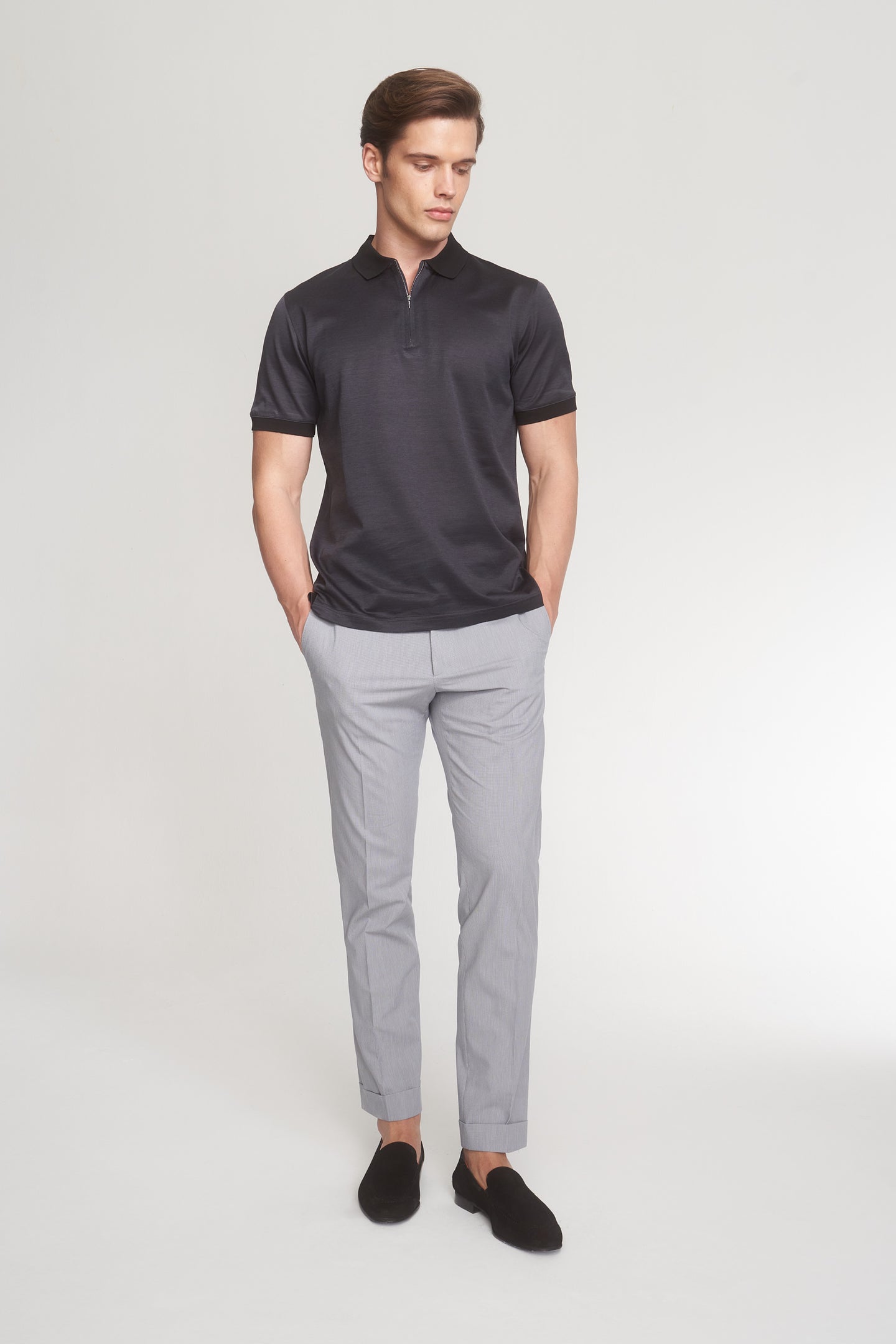 Black Mercerized Cotton Two Tone Zip-Up Polo T-Shirt